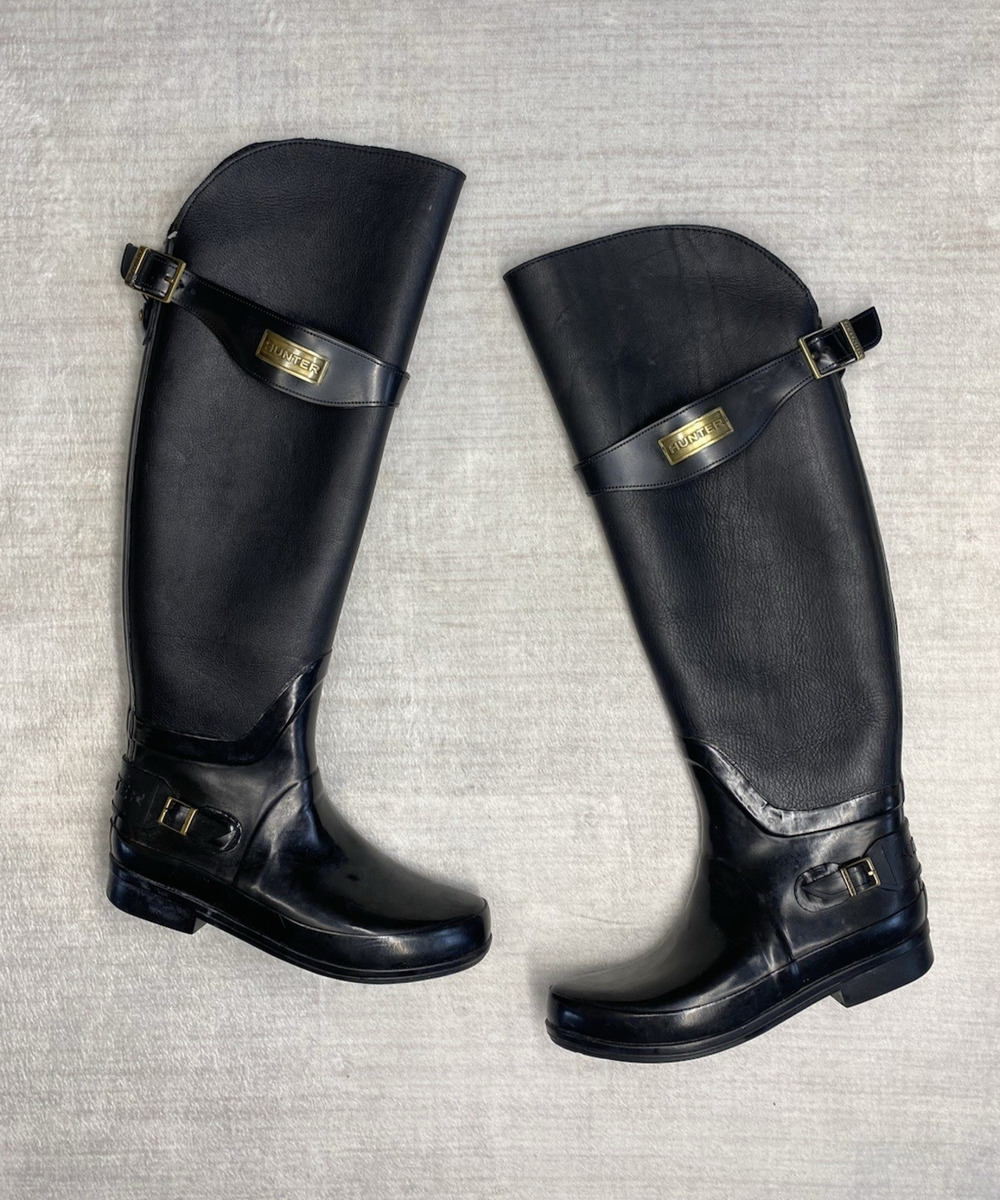 HUNTER Tall Rain Boots Women’s Size 7 Black Gloss Equestrian Waterproof Garden